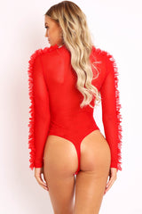 Red Mesh High Neck Frill Sleeve Bodysuit - Carla