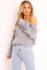 Grey Off Shoulder Knit Jumper - Brithany