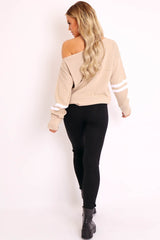 Beige Stripe Off Shoulder Knit Jumper - Fifi