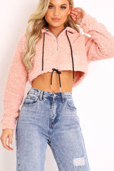 Pink 3/4 Zip Cropped Teddy Jumper - Ethelyn