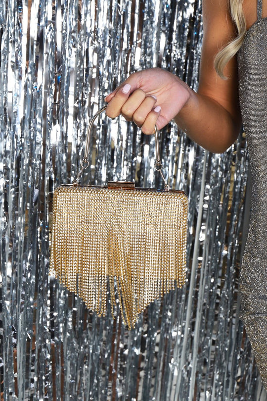 Gold Diamante Tassel Box Clutch - Geri
