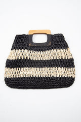 Black Beige Stripe Wooden Handle Straw Bag - Ebony