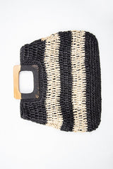 Black Beige Stripe Wooden Handle Straw Bag - Ebony