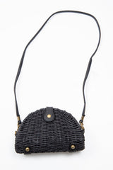 Black Woven Faux Leather Detail Semi Circle Bag - Devyn