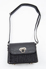 Black Straw Woven Faux Leather Bag - Delphine