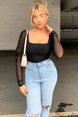 Black Ruched Body Mesh Sleeve Bodysuit - Raeya