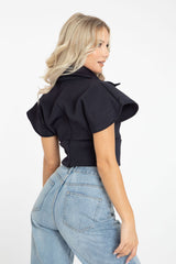 Navy Blue Button Up Front Cropped Top - Cora
