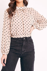 Beige Metallic Polka Pleated Front Blouse - Cabella