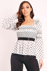 White Polka Mesh Shirred Fabric Top - Evarose