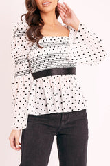 White Polka Mesh Shirred Fabric Top - Evarose