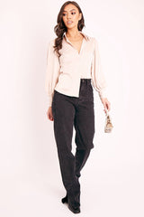 Nude Satin Covered Button Shirt - Eliza