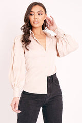 Nude Satin Covered Button Shirt - Eliza