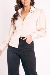 Nude Satin Covered Button Shirt - Eliza