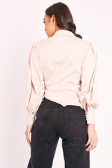 Nude Satin Covered Button Shirt - Eliza