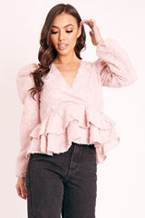 Pink Plunge Neck Peplum Textured Blouse - Aagna