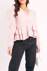 Pink Plunge Neck Peplum Textured Blouse - Aagna
