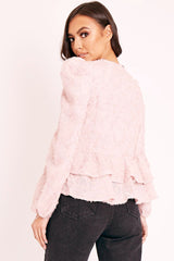 Pink Plunge Neck Peplum Textured Blouse - Aagna