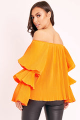 Orange Plisse Fabric Structured Sleeve Blouse - Loraina