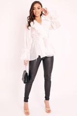 White Organza Ruffle Wrap Blouse - Gabrielle