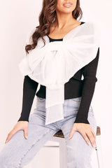 White Organza Bow Front Ribbed Top - Fergie