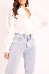 White Lace Frill Covered Button Up Shirt - Priscila