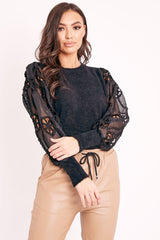 Black Fluffy Yarn Crochet Mesh Sleeve Jumper - Brigitte