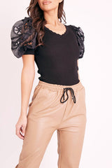 Black Scallop Neckline Crochet Mesh Sleeve Top - Kaisley