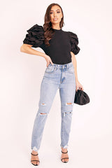 Black Puff Short Sleeve Ribbed Top - Eilah