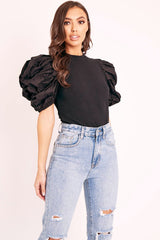 Black Puff Short Sleeve Ribbed Top - Eilah