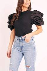 Black Puff Short Sleeve Ribbed Top - Eilah