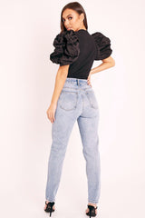 Black Puff Short Sleeve Ribbed Top - Eilah