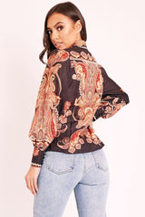 Black Brown Paisley Print Button Front Shirt - Raina