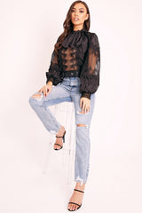 Black Lace Panel Neck Tie Blouse - Ophia