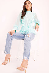 Turquoise Lace Panel Net Sleeve Jumper - Dalila