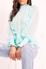 Turquoise Lace Panel Net Sleeve Jumper - Dalila