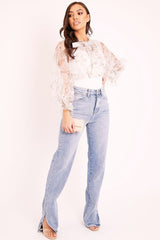 White Floral Half Mesh Ribbed Insert Neck Tie Blouse - Sammie