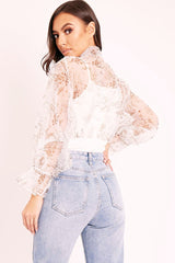White Floral Half Mesh Ribbed Insert Neck Tie Blouse - Sammie