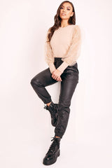 Beige Sequin Mesh Sleeve Fluffy Yarn Jumper - Olisa