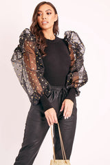 Black Gold Polka Extreme Puff Mesh Sleeve Top - Daisey