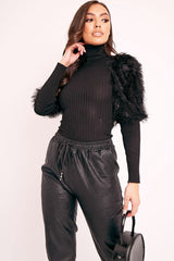 Black Roll Neck Fluffy Sleeve Ribbed Top - Kacey
