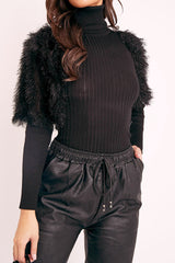 Black Roll Neck Fluffy Sleeve Ribbed Top - Kacey