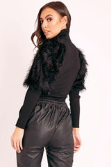 Black Roll Neck Fluffy Sleeve Ribbed Top - Kacey