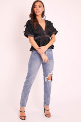 Black Butterfly Applique Plunging Neckline Top - Mallory