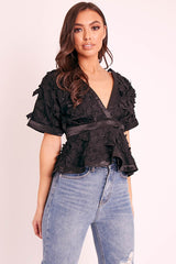 Black Butterfly Applique Plunging Neckline Top - Mallory