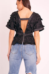 Black Butterfly Applique Plunging Neckline Top - Mallory