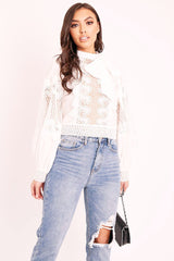 White Lace Panel Neck Tie Blouse - Ophia