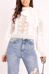 White Lace Panel Neck Tie Blouse - Ophia
