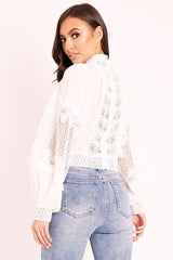 White Lace Panel Neck Tie Blouse - Ophia