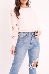 Pink Fluffy Yarn Crochet Mesh Sleeve Jumper - Brigitte