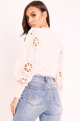 Pink Fluffy Yarn Crochet Mesh Sleeve Jumper - Brigitte